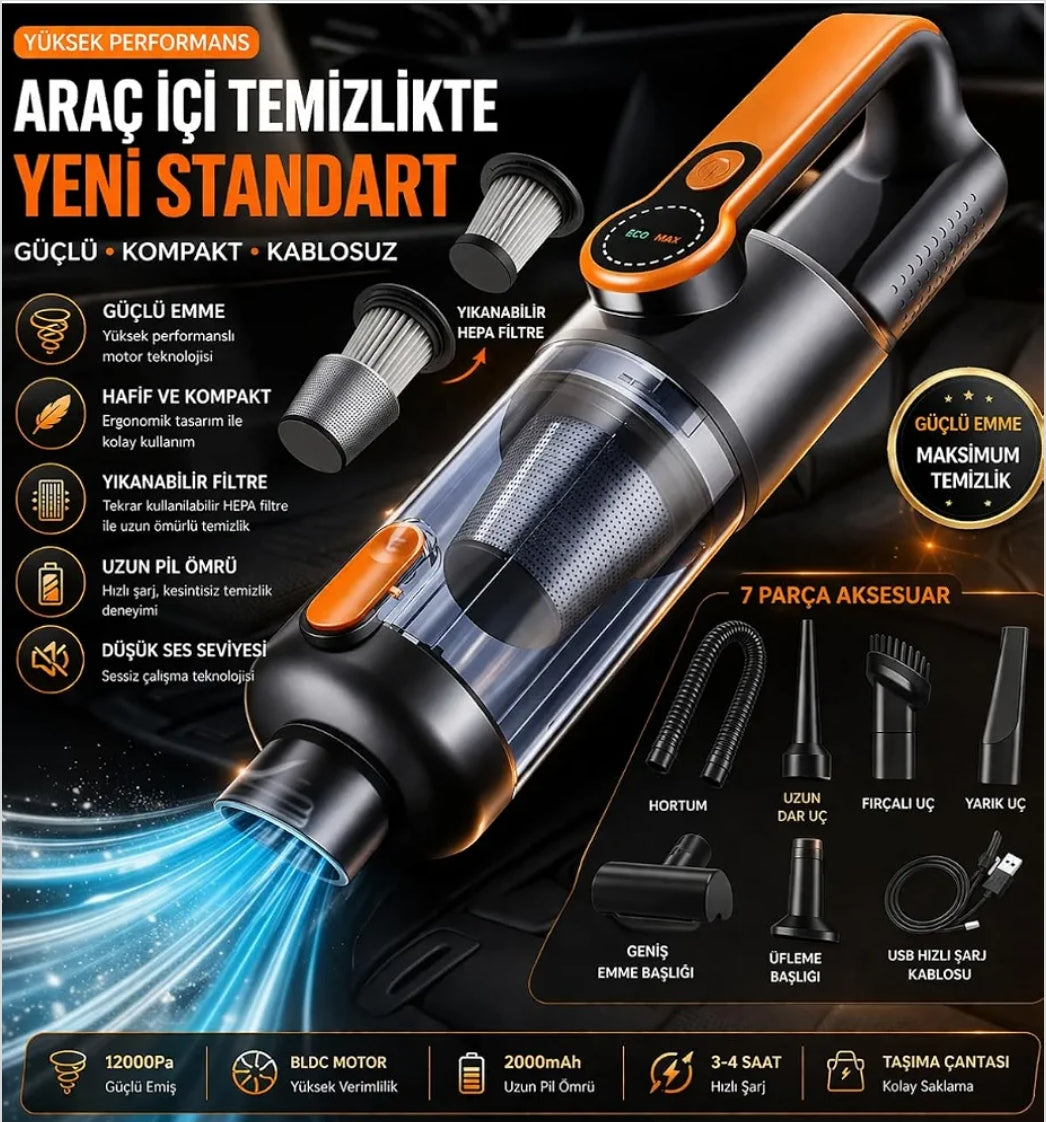 ST-126PlusMax 22.000PA Yüksek Emiş Güçlü Kablosuz Şarjlı Araç ve Ev Tipi Taşınabilir Vakumlu El Süpürgesi (Type-C Hızlı Şarj) LENSUN