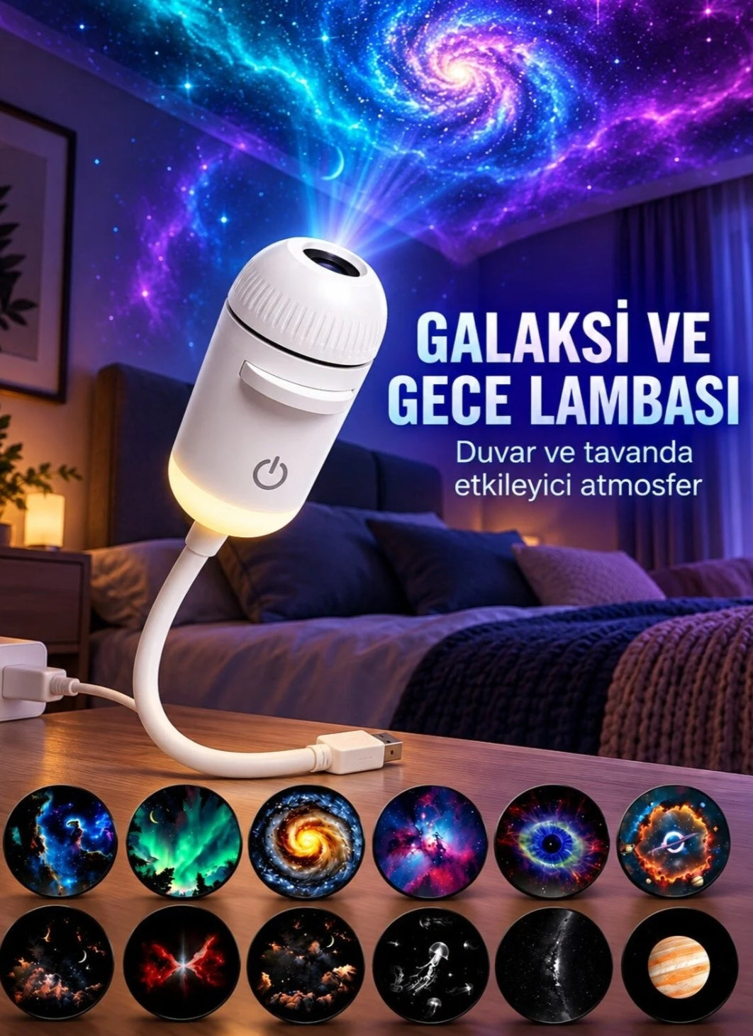 Girişli Mini Yıldızlı Gökyüzü Projeksiyon Gece Lambası - 12 Değiştirilebilir Film Kartlı Astronot Kapsülü Oda Aydınlatması LENSUN