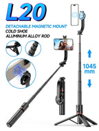 L20 1045mm uzayabilir katlanabilir selfie stick | tripod standlı, mıknatıslı, 360° döner başlıklı, bluetooth kontrollü TORİMA