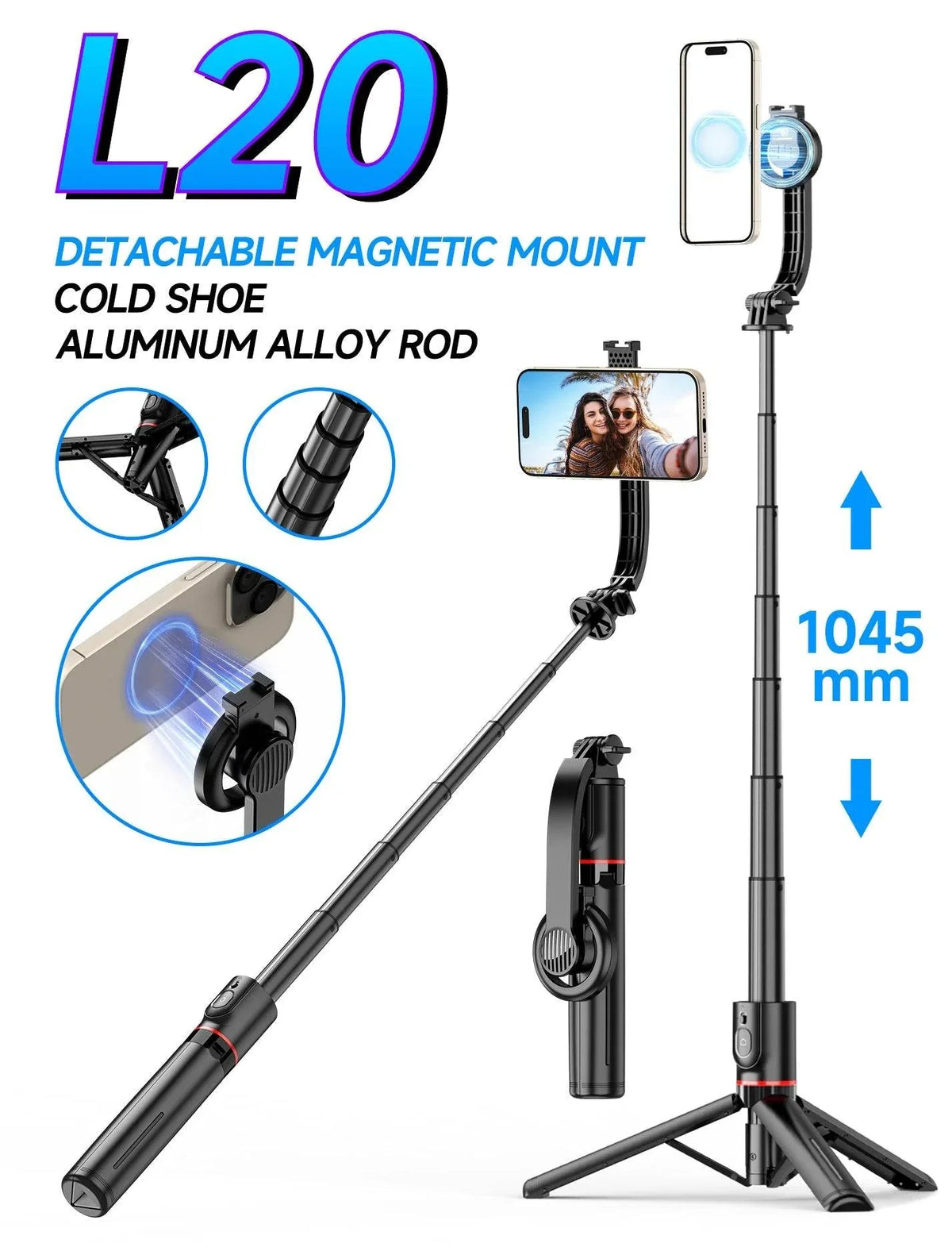 L20 1045mm uzayabilir katlanabilir selfie stick | tripod standlı, mıknatıslı, 360° döner başlıklı, bluetooth kontrollü TORİMA