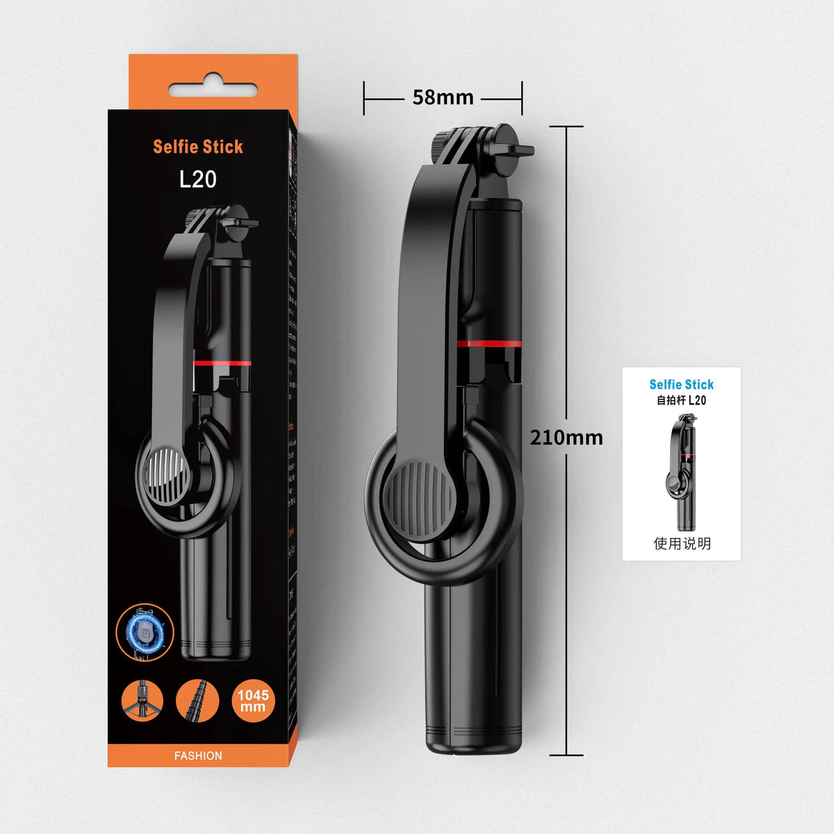 L20 1045mm uzayabilir katlanabilir selfie stick | tripod standlı, mıknatıslı, 360° döner başlıklı, bluetooth kontrollü TORİMA