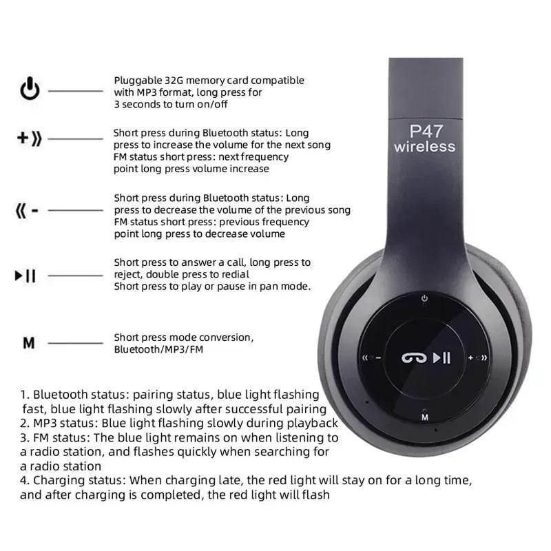 ( 5 adet ) P47 hafıza kart aux destekli kafa üstü bluetooth kulaklık TEKNOİST