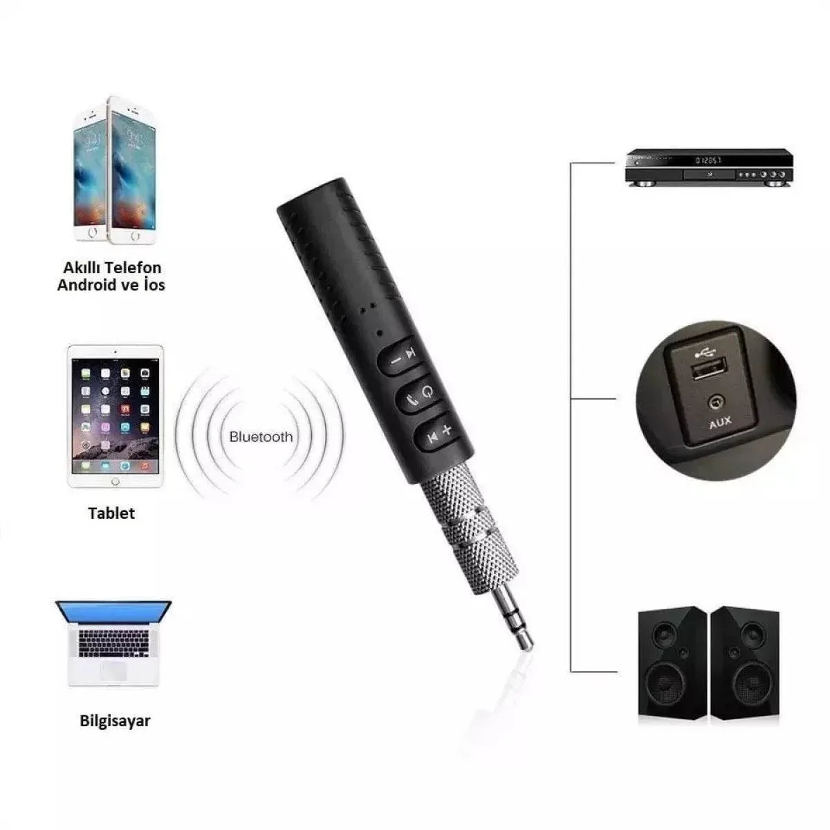 ( 5 adet ) Car araç bluetooth aux 3,5mm kiti android ios uyumlu CARBON