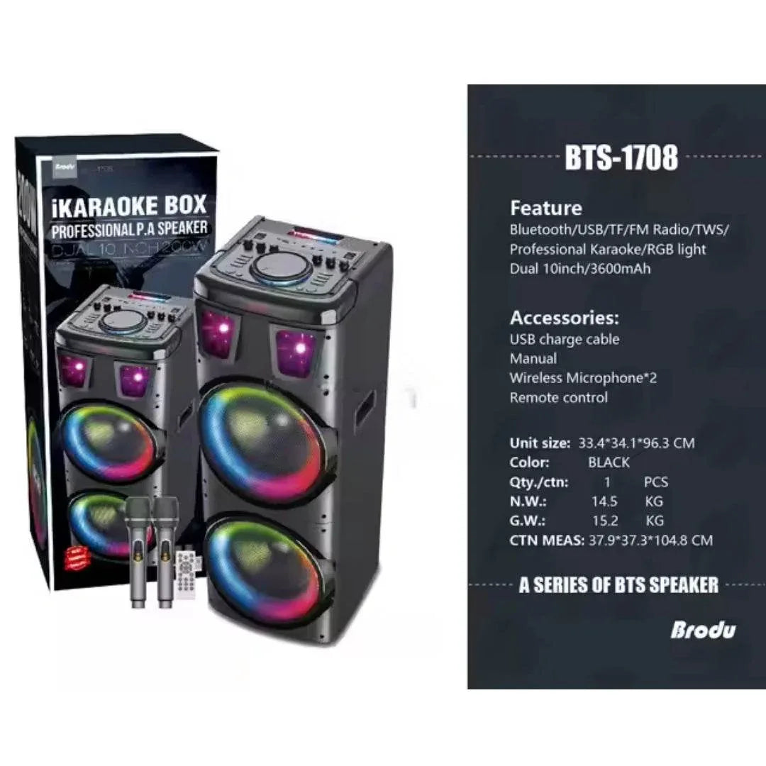 Bts-1708 kablosuz bluetooth hoparlör | 200w güç, çift hoparlör & mikrofon, rgb ışıklı, 3600mah batarya, tws destekli, usb/tf/fm TORİMA