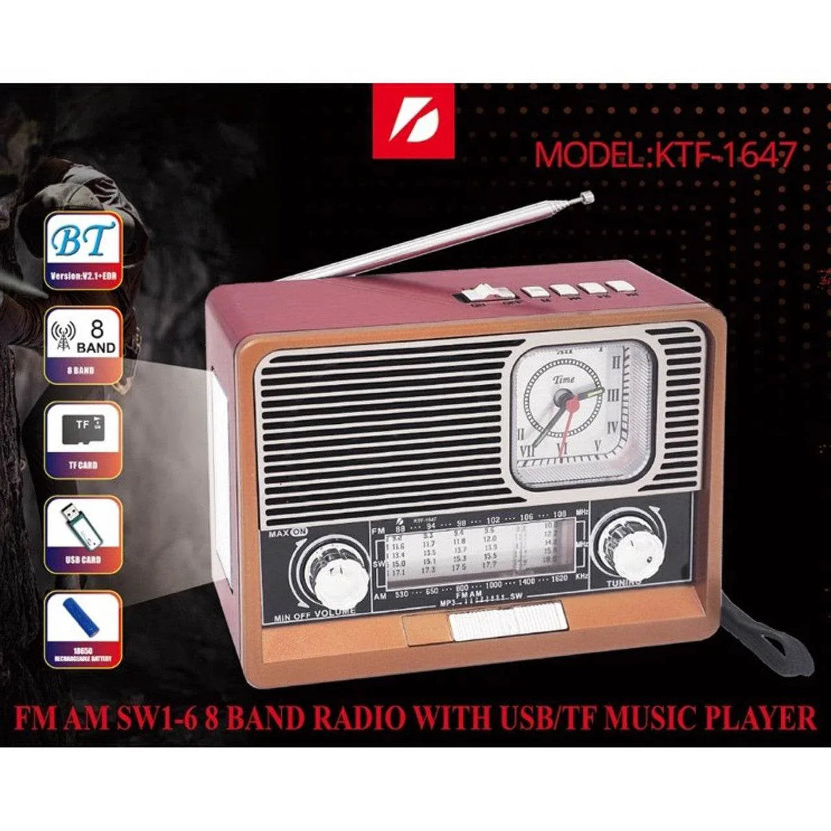 Ktf 1647 fm am radyo usb hafııza kart destekli saatli bluetooth hoperlör POLYGOLD