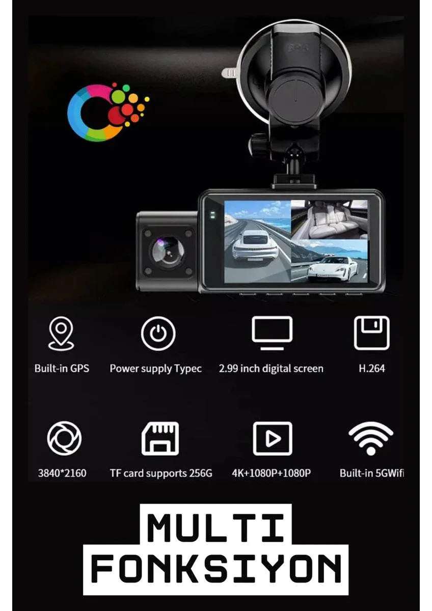 F6 4K 1080P Monitörlü Gece Görüşlü 3 Kanal WİFİ/GPS li döngü kayıtlı Araç Iç Dış Kamera - G6T WEARFİT