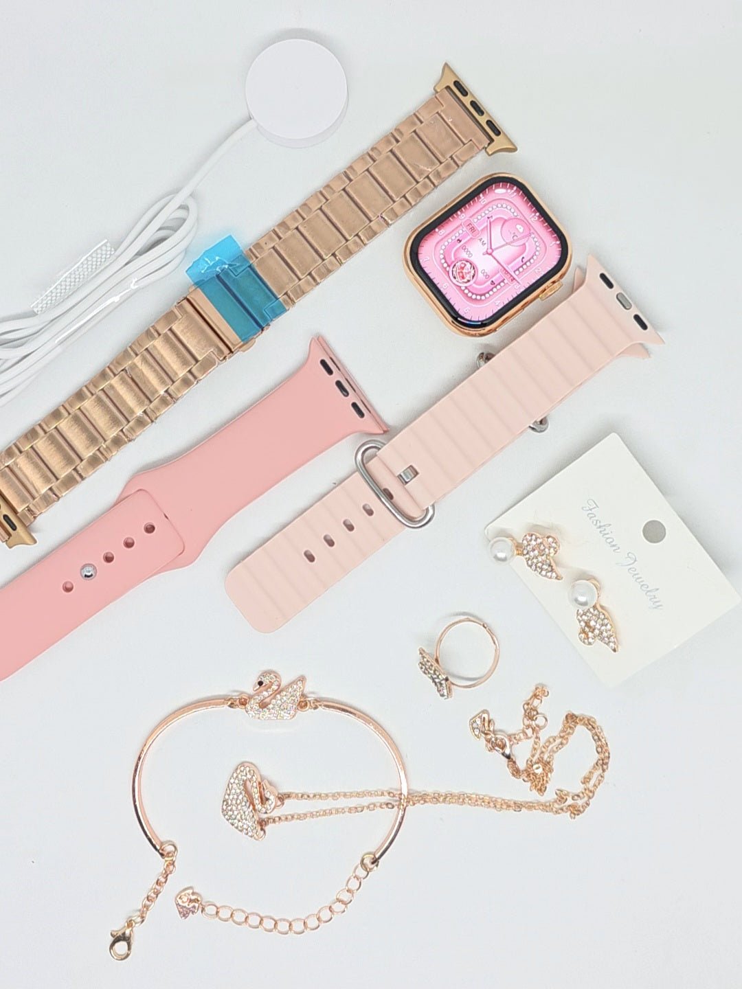 G9 Mini Kadın Akıllı Saat Rose Gold Hediye Seti - 3 Kordonlu & Kuğu Takı Aksesuar Setli Akıllı Saat (iOS ve Android Uyumlu) - TechnioTR