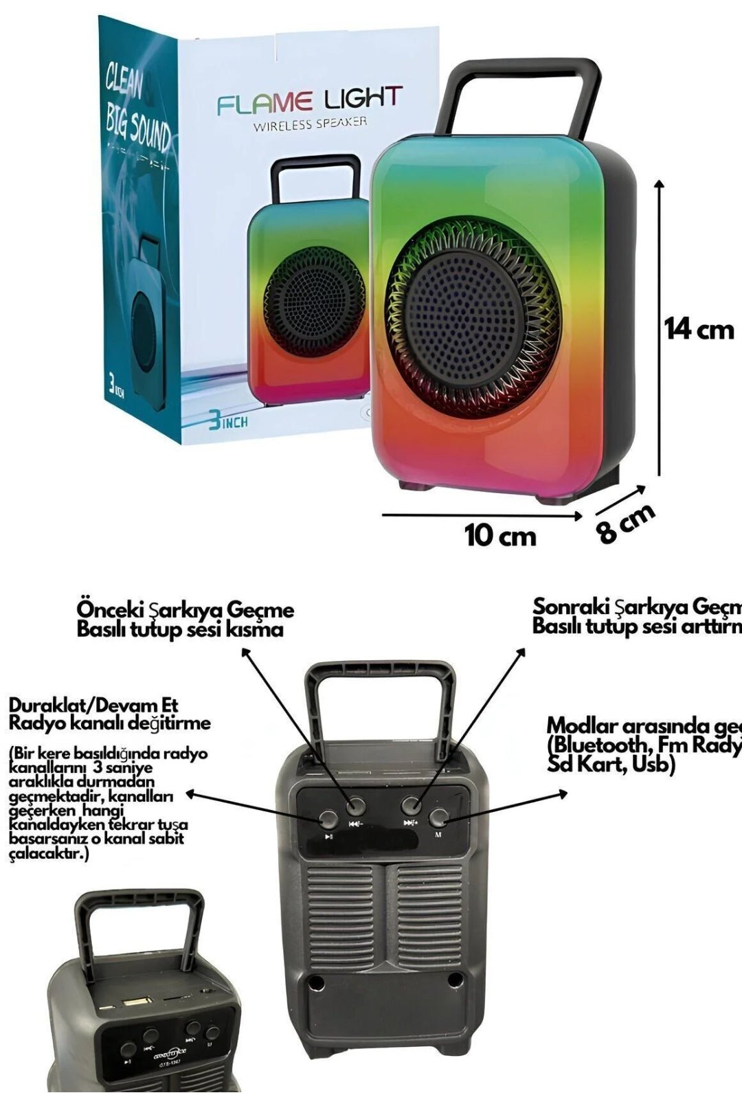 GTS-1867 Flame Light RGB Işıklı Taşınabilir Bluetooth Hoparlör - TechnioTR