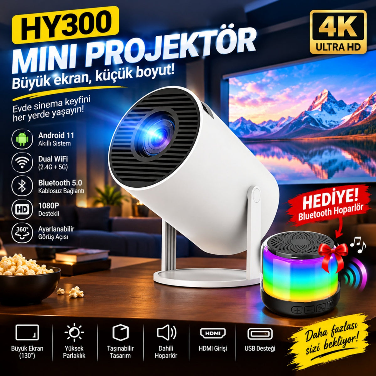 HY300 Mini Akıllı Projeksiyon Cihazı 4K Destekli, Android 11, Çift Bant WiFi, Bluetooth 5.0, 180° Ayarlanabilir, HDMI USB – Bluetooth Hoparlör Hediyeli - TechnioTR
