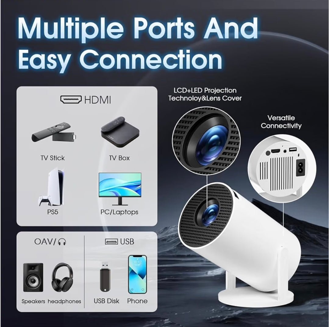 HY300 Mini Akıllı Projeksiyon Cihazı 4K Destekli, Android 11, Çift Bant WiFi, Bluetooth 5.0, 180° Ayarlanabilir, HDMI USB – Bluetooth Hoparlör Hediyeli - TechnioTR