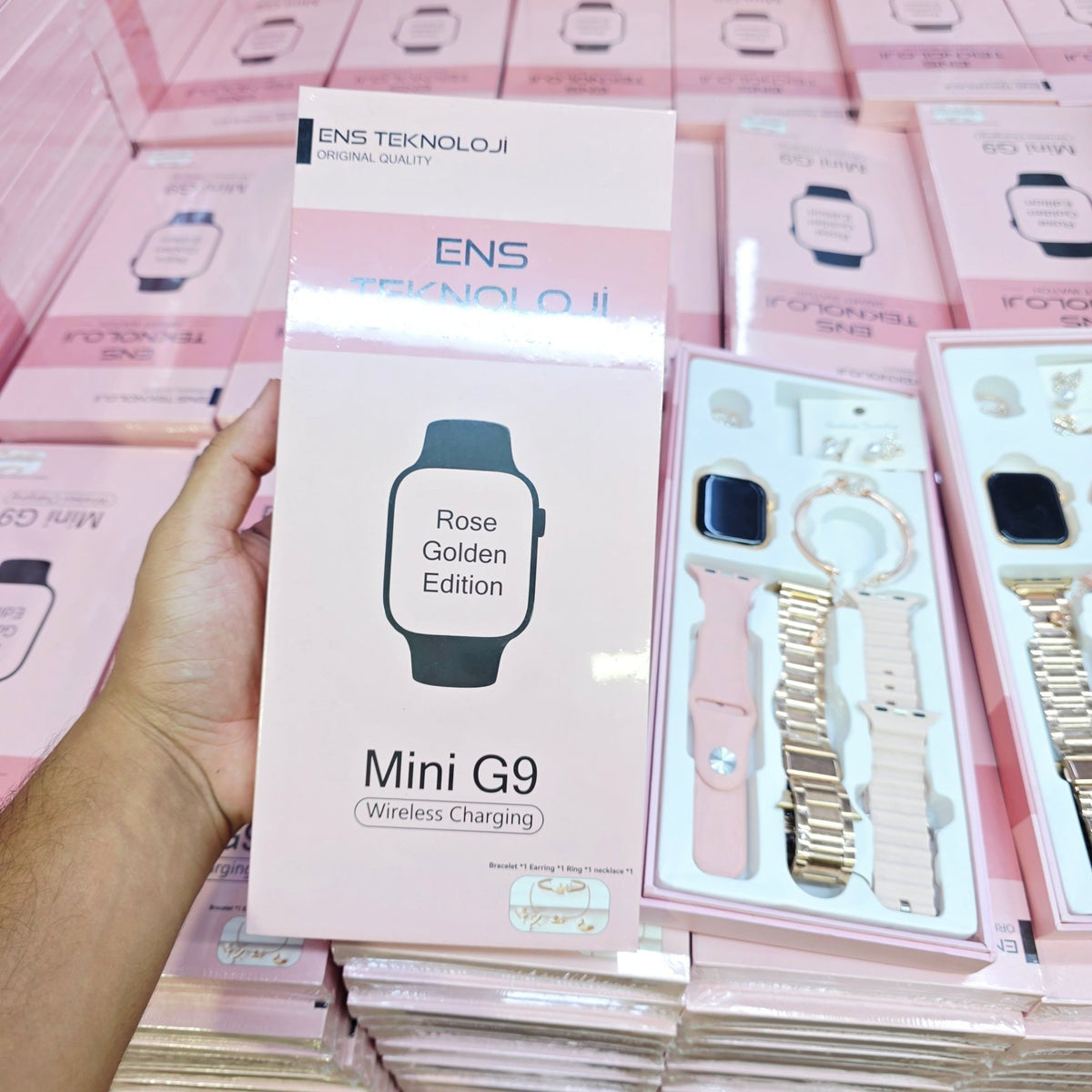 Kadın Rose Gold Akıllı Saat Seti - G9 Mini Akıllı Saat + 3 Farklı Değiştirilebilir Kordon + Kuğu Figürlü Takı Seti Hediyeli - TechnioTR