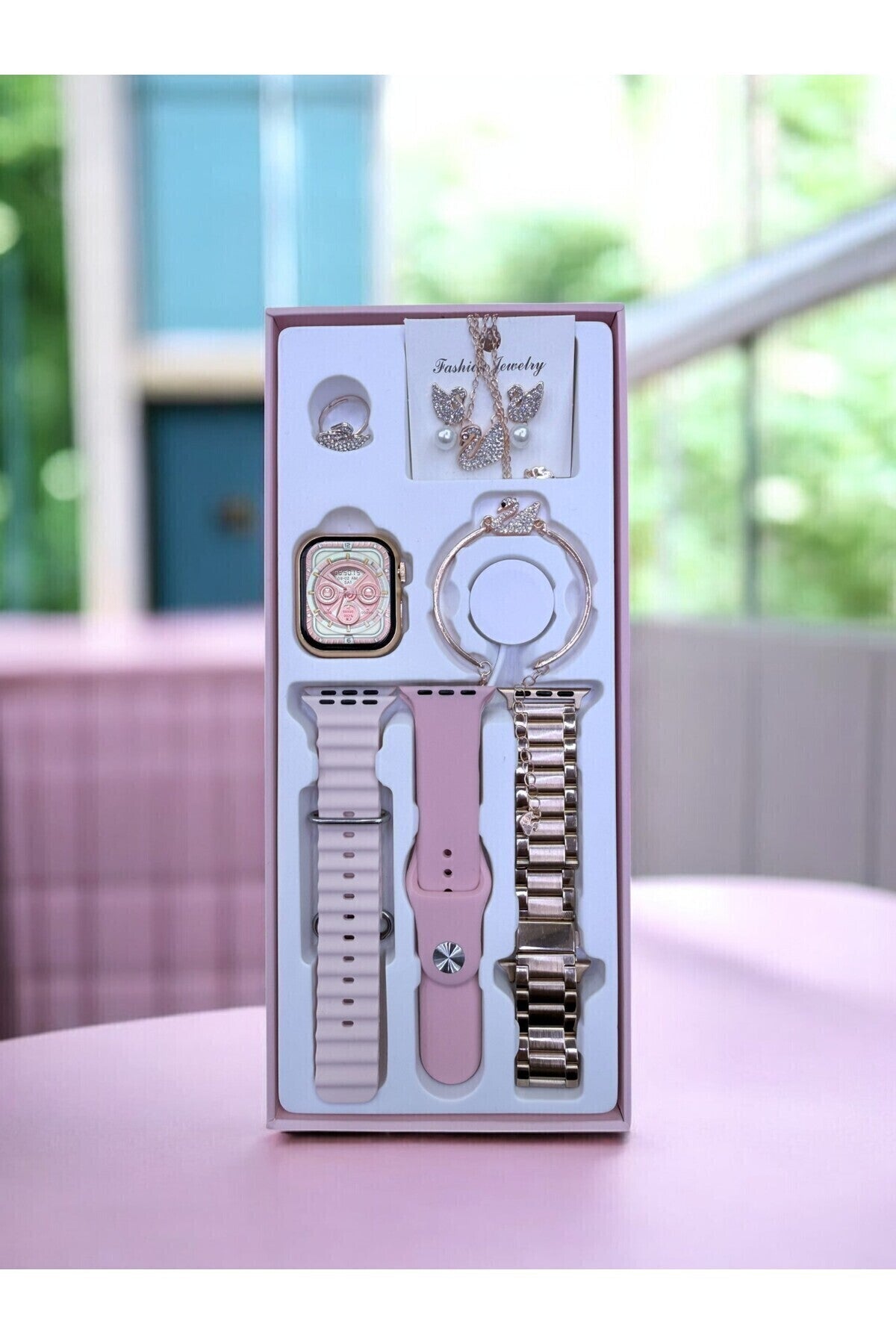 Kadın Rose Gold Akıllı Saat Seti - G9 Mini Akıllı Saat + 3 Farklı Değiştirilebilir Kordon + Kuğu Figürlü Takı Seti Hediyeli - TechnioTR