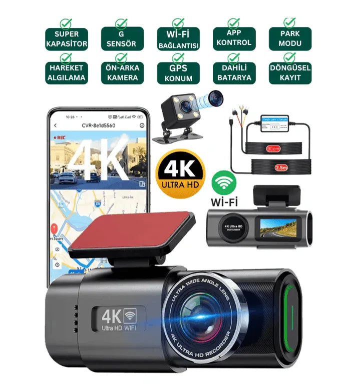 WİFİ çift ön arka 4K Araç içi Güvenlik Kamerası + Park Modu Kablosu Çift Kamera Kayıt Cihazı GPS Gece Görüşü mikrofonlu dash cam - G5V WEARFİT