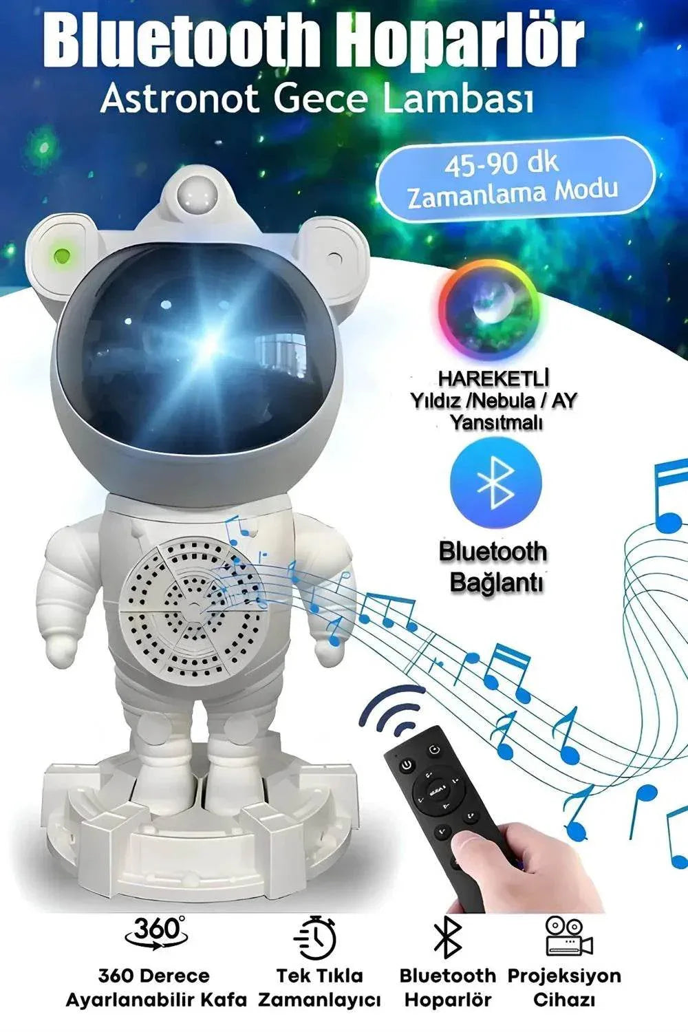 Astronot bluetooth hoparlör | gökyüzü ışık yansıtmalı, kumandalı, 360° döner gece lambası TEKNOİST