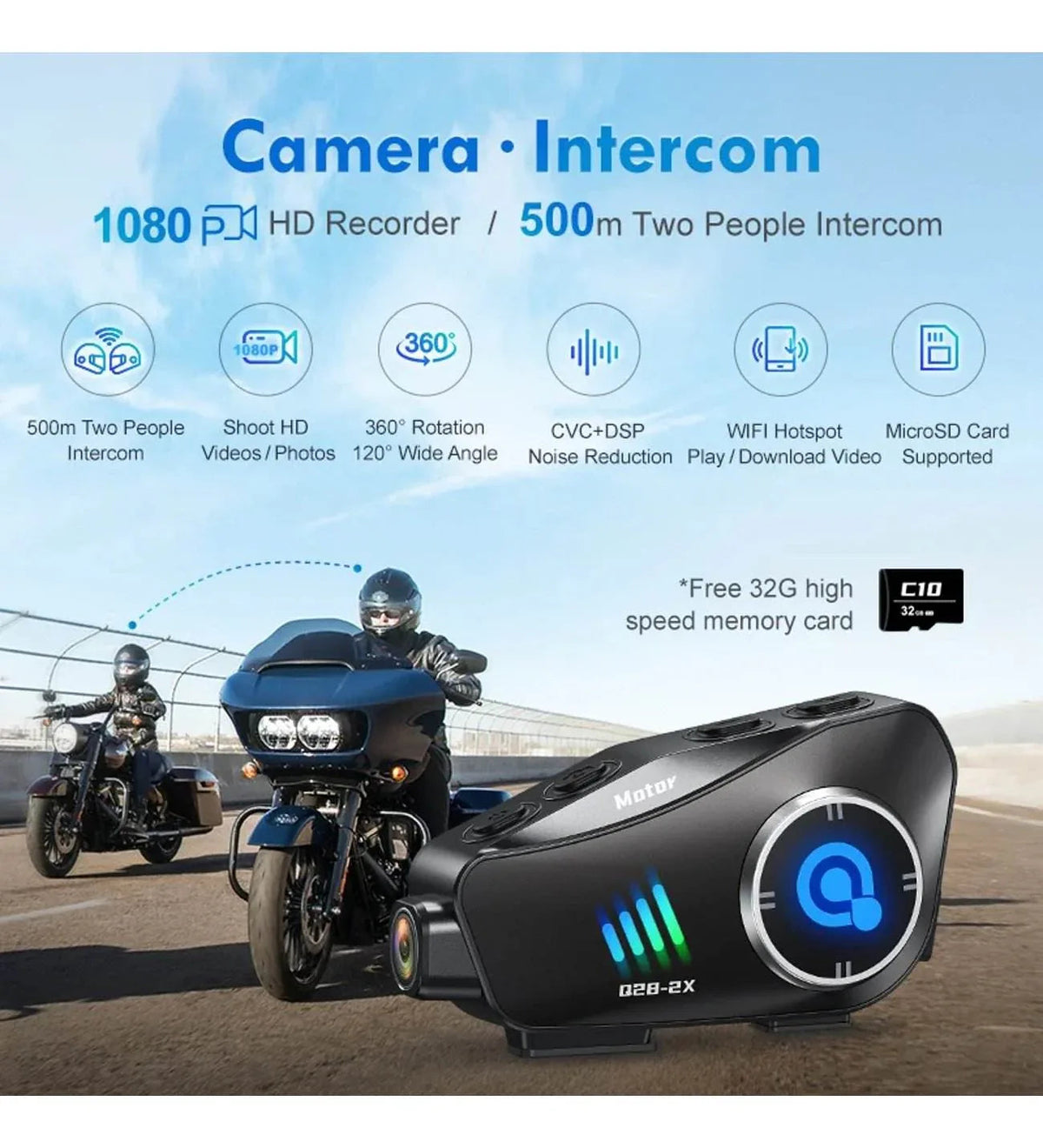 Q28 1080P kameralı Intercom +32GB SD Kartlı Bluetooth Motorsiklet Kask Kulaklığı İnterkom su geçirmez - G6O WEARFİT