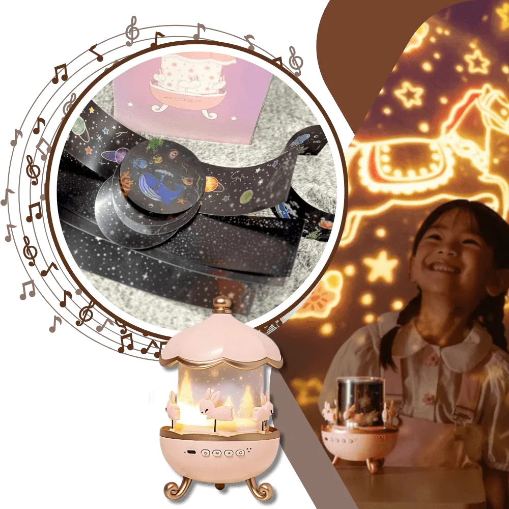 Tavşan Atlıkarınca Gece Lambası Projektörü bluetooth hoparlör, 6'lı Set Filmli Dönen LED Lamba, Büyülü Bir Çocuk Odası Atmosferi için Yıldız Projeksiyon Işığı, Çocuk Odası Dekoru için Döndürülebilir Tavşan Gece Lambası FOREFO