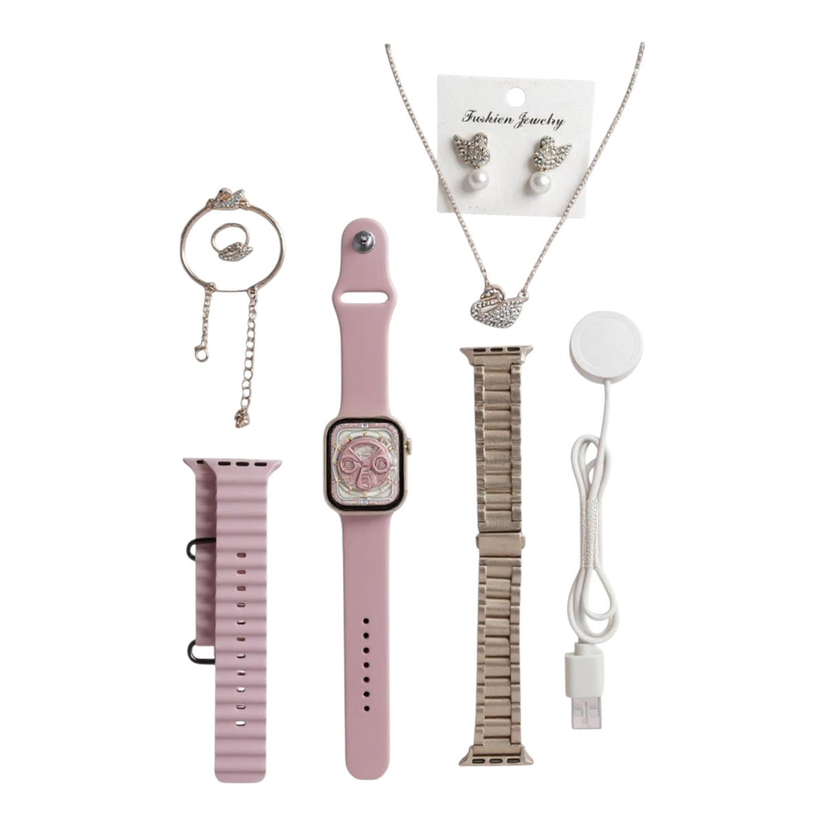 Kadın Rose Gold Akıllı Saat Seti - G9 Mini Akıllı Saat + 3 Farklı Değiştirilebilir Kordon + Kuğu Figürlü Takı Seti Hediyeli ENS