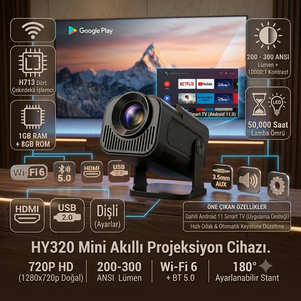 HY320 Mini 4K Destekli Akıllı Taşınabilir Projeksiyon Cihazı - Android 11, Dual WiFi 6, Bluetooth 5.0 Siyah Ev Sineması Ev Tipi Projektör Müslüm