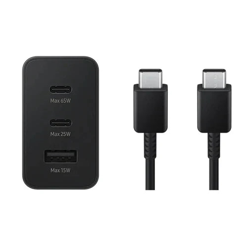 65w trio 3ü1 arada (typec 65w + typec 25w + usb 15w) çıkışlı adaptör ve typec to typec kablo hızlı şarj seti TELETEK