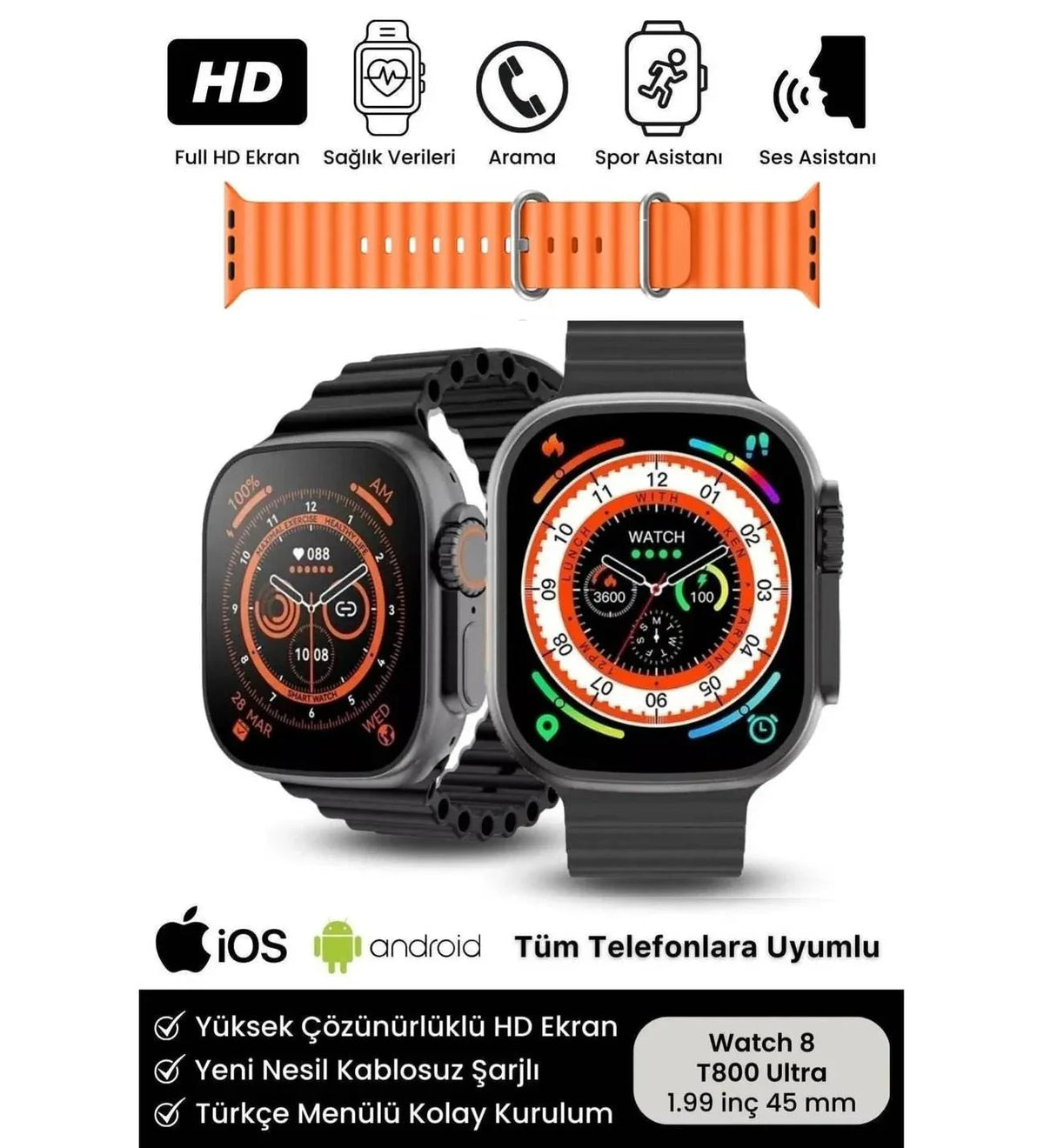 T800 ultra 49mm 1,99” ekranlı akıllı saat – çift kordon, ios & android uyumlu ROMM